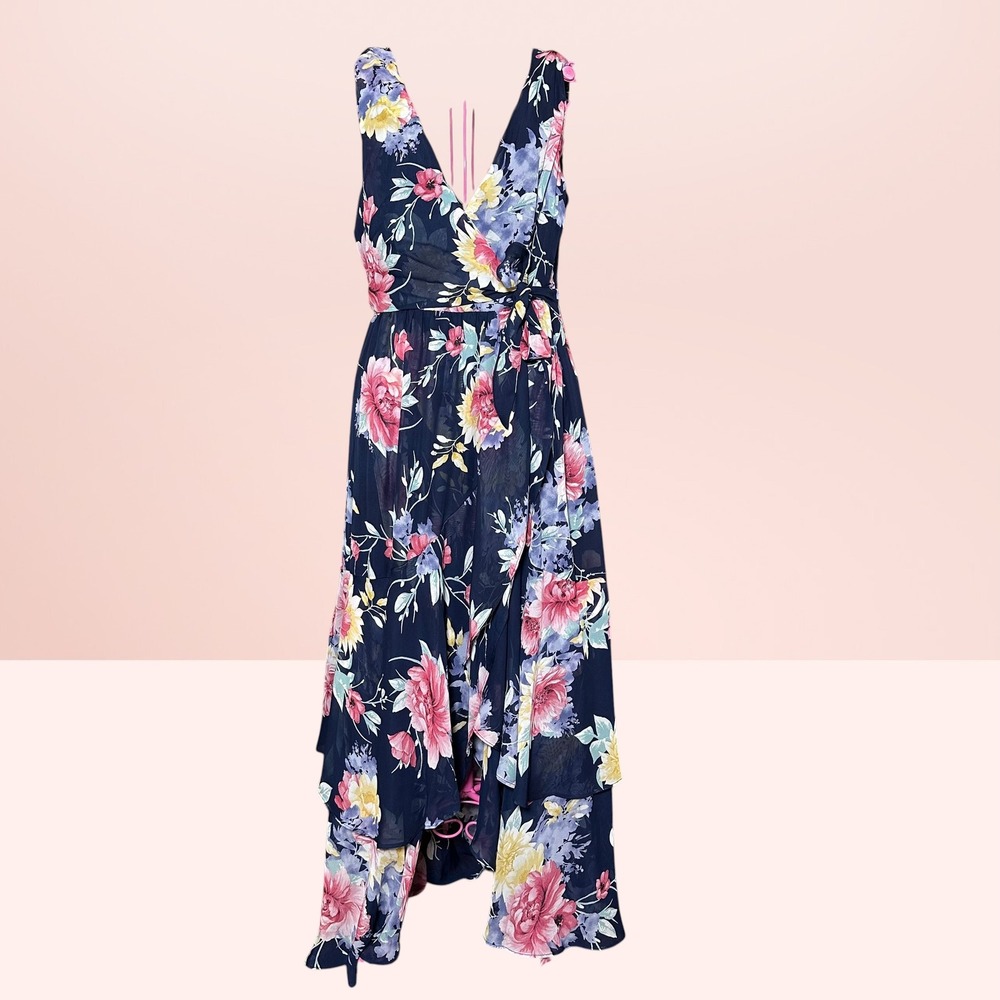 Misia Boho Floral Wrap Maxi Dress Navy Wedding Guest Sleeveless Size S NEW